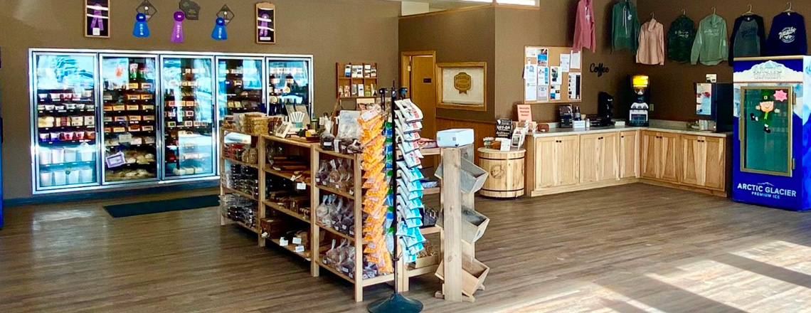 The interior of Westby Cooperative Creamery's retail cheese store in Westby, Wisconsin.