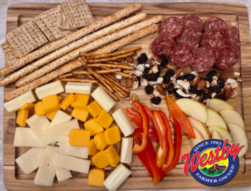 Cheese board crafted with locally made goodies from the Westby Creamery cheese store.