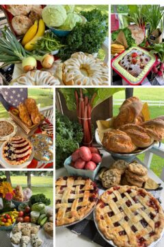 A collage of fresh from the farm bakery and vegetables.