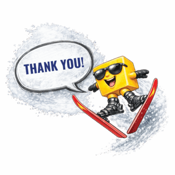 Westby Cooperative Creamery's ski-jumping cheese with a speech bubble and "thank you!" inside.