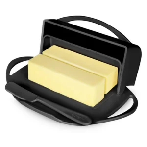Butterie Box Butter Dish in the color black, with two sticks of butter stored inside.