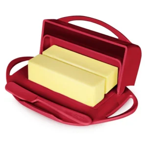 Butterie Box Butter Dish in the color red, with two sticks of butter stored inside.