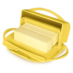 Butterie Box Butter Dish in yellow, with two sticks of butter stored inside.