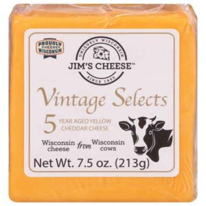 Package of Jim's Cheese Vintage Selects 5 Year Aged Yellow Cheddar Cheese.