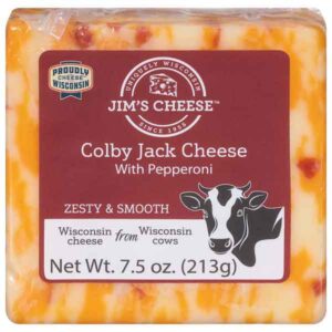 Package of Jim's Cheese Colby Jack Cheese With Pepperoni.