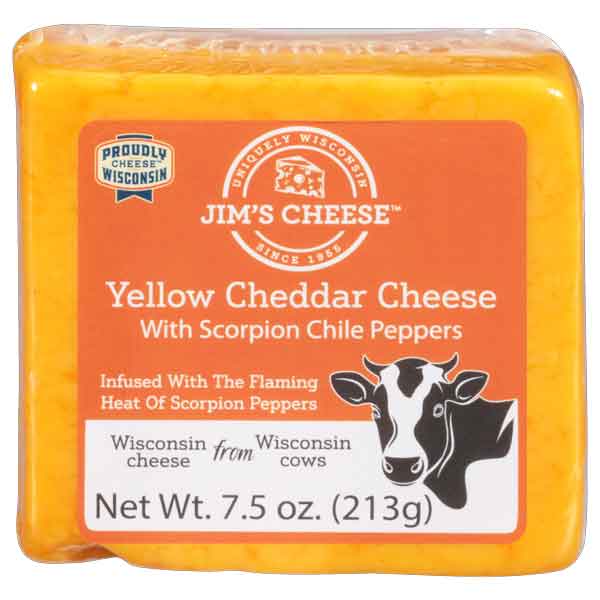 Package of Jim's Cheese Yellow Cheddar Cheese With Scorpion Chile Peppers.