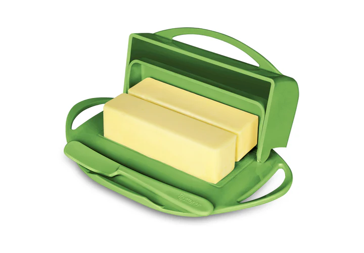 Butterie Box Butter Dish in the color green, with two sticks of butter stored inside.