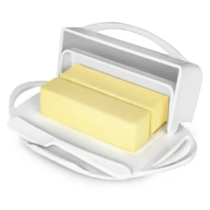 Butterie Box Butter Dish in white, with two sticks of butter stored inside.