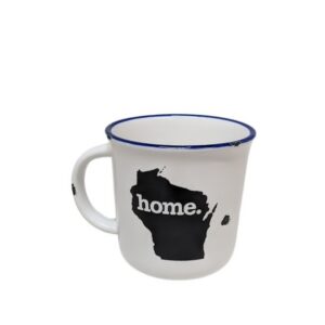 White mug featuring a silhouette of the state of Wisconsin with the word "home." on it.