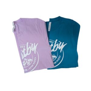 Westby Creamery Apparel T-Shirts in Marine Blue and Lilac.